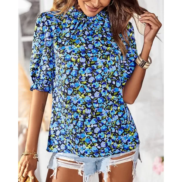 BTFBM Womens Summer Boho Shirt Top Ruffle Short Sleeve Frill Trim Mock Neck Floral Solid 2024 Casual Blouses Shirts TopsFloral Bright Blue