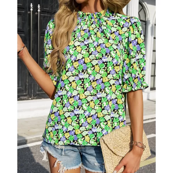 BTFBM Womens Summer Boho Shirt Top Ruffle Short Sleeve Frill Trim Mock Neck Floral Solid 2024 Casual Blouses Shirts TopsFloral Green Black