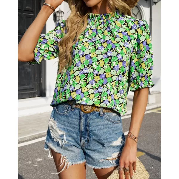 BTFBM Womens Summer Boho Shirt Top Ruffle Short Sleeve Frill Trim Mock Neck Floral Solid 2024 Casual Blouses Shirts TopsFloral Green Black