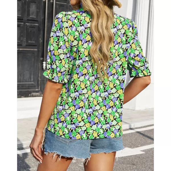 BTFBM Womens Summer Boho Shirt Top Ruffle Short Sleeve Frill Trim Mock Neck Floral Solid 2024 Casual Blouses Shirts TopsFloral Green Black