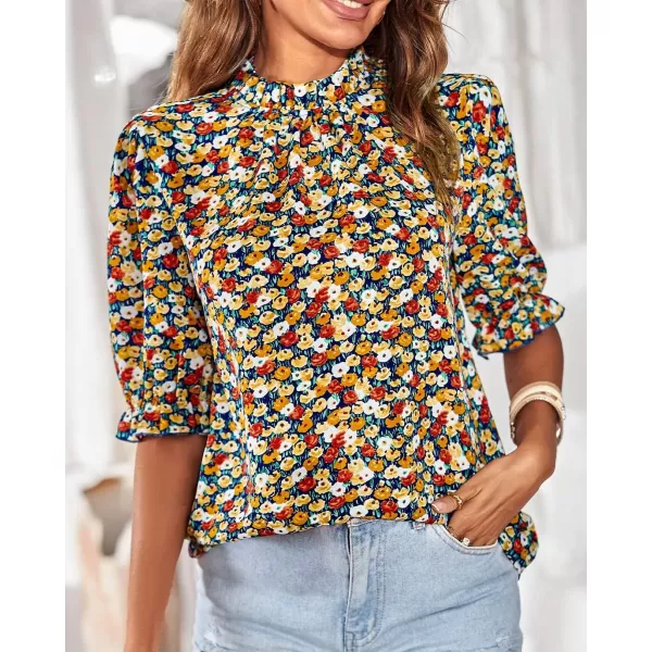 BTFBM Womens Summer Boho Shirt Top Ruffle Short Sleeve Frill Trim Mock Neck Floral Solid 2024 Casual Blouses Shirts TopsFloral Navy