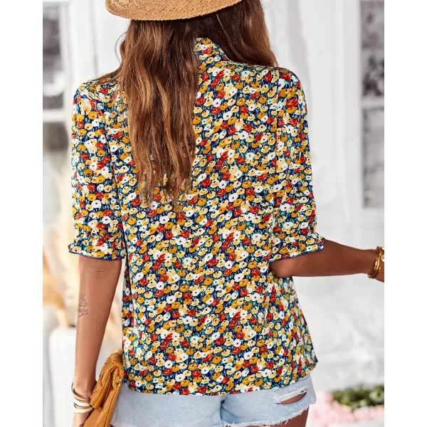 BTFBM Womens Summer Boho Shirt Top Ruffle Short Sleeve Frill Trim Mock Neck Floral Solid 2024 Casual Blouses Shirts TopsFloral Navy