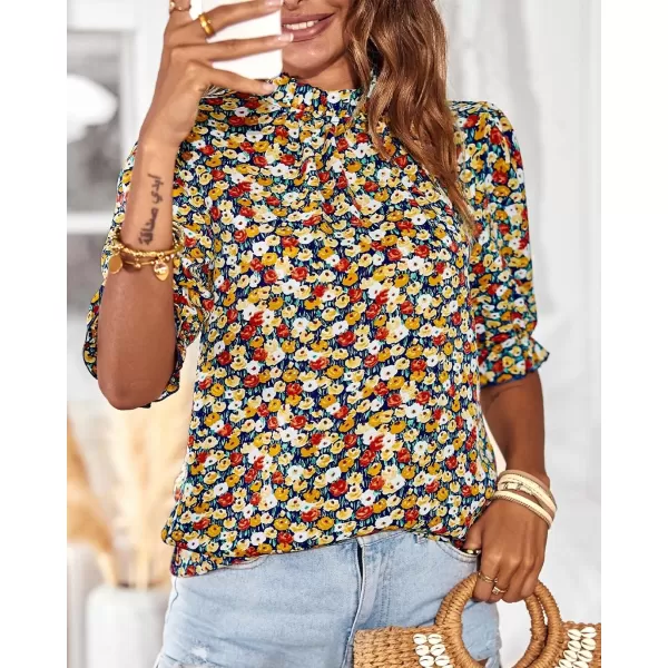 BTFBM Womens Summer Boho Shirt Top Ruffle Short Sleeve Frill Trim Mock Neck Floral Solid 2024 Casual Blouses Shirts TopsFloral Navy