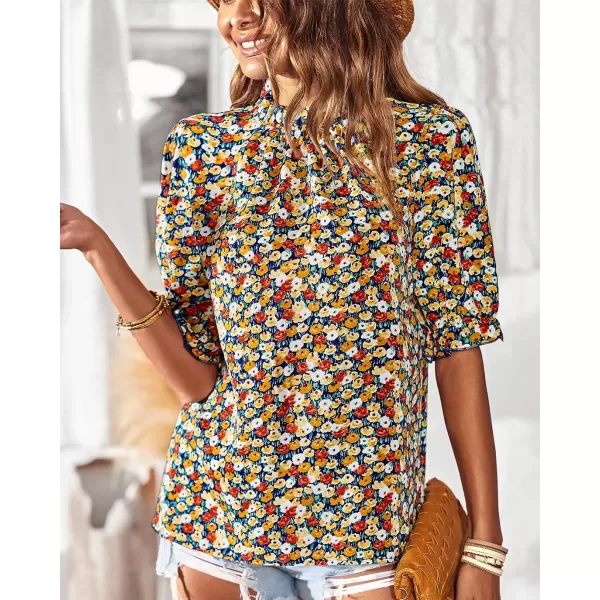 BTFBM Womens Summer Boho Shirt Top Ruffle Short Sleeve Frill Trim Mock Neck Floral Solid 2024 Casual Blouses Shirts TopsFloral Navy