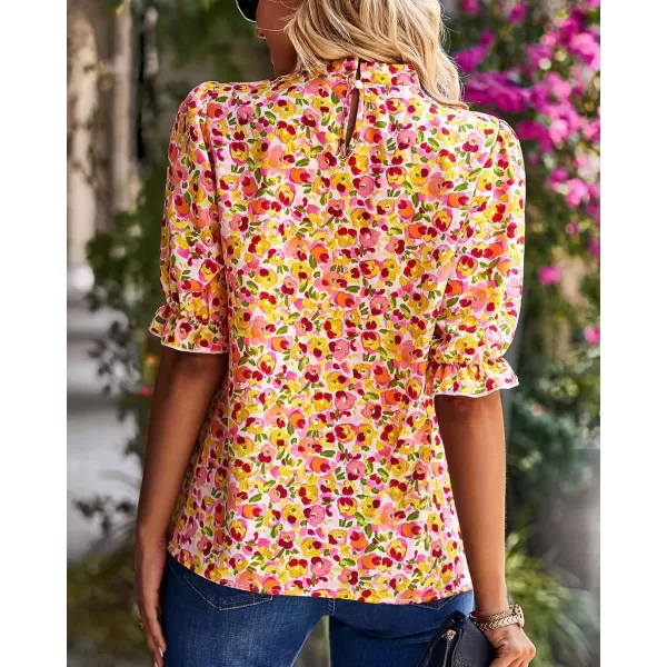 BTFBM Womens Summer Boho Shirt Top Ruffle Short Sleeve Frill Trim Mock Neck Floral Solid 2024 Casual Blouses Shirts TopsFloral Pink
