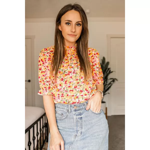 BTFBM Womens Summer Boho Shirt Top Ruffle Short Sleeve Frill Trim Mock Neck Floral Solid 2024 Casual Blouses Shirts TopsFloral Pink
