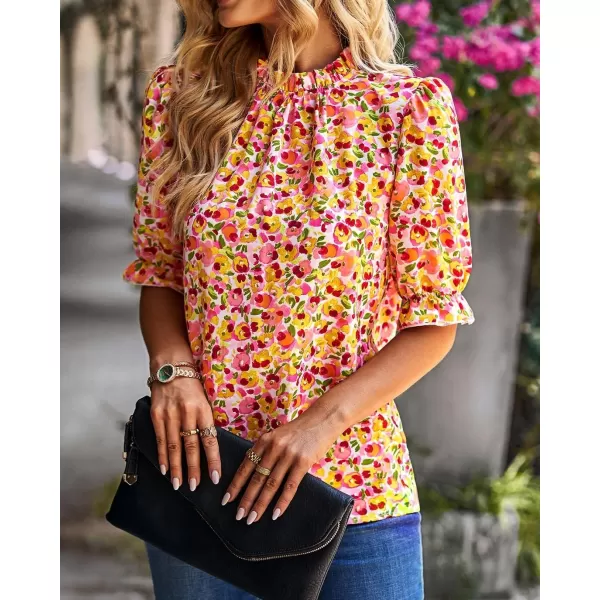 BTFBM Womens Summer Boho Shirt Top Ruffle Short Sleeve Frill Trim Mock Neck Floral Solid 2024 Casual Blouses Shirts TopsFloral Pink