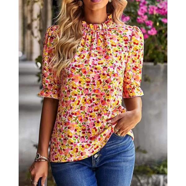 BTFBM Womens Summer Boho Shirt Top Ruffle Short Sleeve Frill Trim Mock Neck Floral Solid 2024 Casual Blouses Shirts TopsFloral Pink