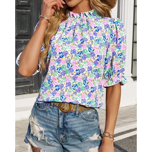 BTFBM Womens Summer Boho Shirt Top Ruffle Short Sleeve Frill Trim Mock Neck Floral Solid 2024 Casual Blouses Shirts TopsFloral Pink Blue
