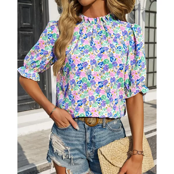 BTFBM Womens Summer Boho Shirt Top Ruffle Short Sleeve Frill Trim Mock Neck Floral Solid 2024 Casual Blouses Shirts TopsFloral Pink Blue
