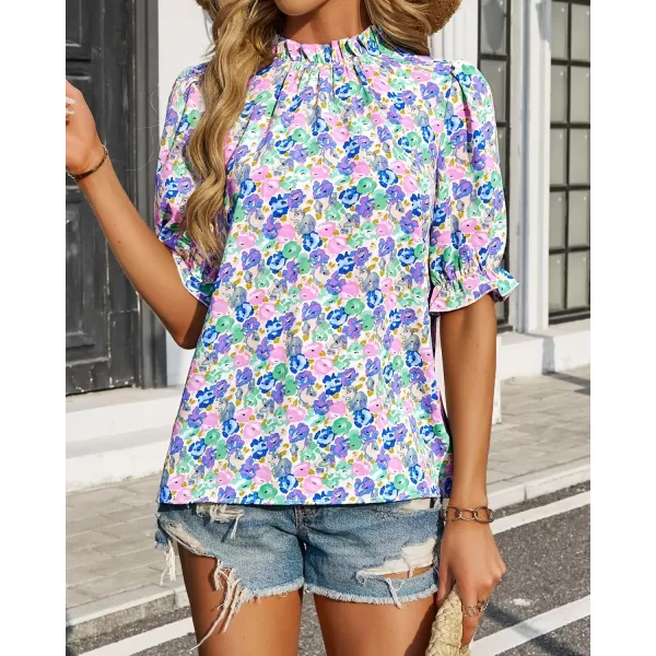BTFBM Womens Summer Boho Shirt Top Ruffle Short Sleeve Frill Trim Mock Neck Floral Solid 2024 Casual Blouses Shirts TopsFloral Pink Blue