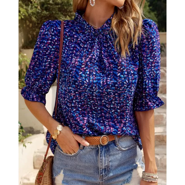 BTFBM Womens Summer Boho Shirt Top Ruffle Short Sleeve Frill Trim Mock Neck Floral Solid 2024 Casual Blouses Shirts TopsFloral Purple Blue