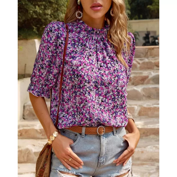 BTFBM Womens Summer Boho Shirt Top Ruffle Short Sleeve Frill Trim Mock Neck Floral Solid 2024 Casual Blouses Shirts TopsFloral Purple White