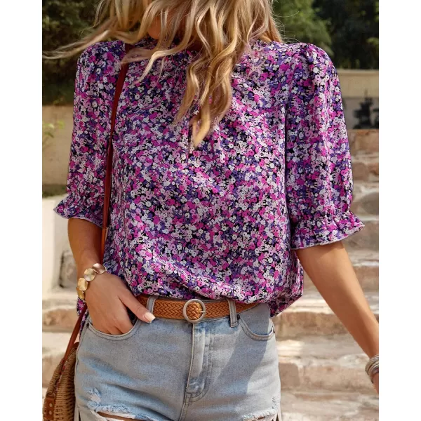 BTFBM Womens Summer Boho Shirt Top Ruffle Short Sleeve Frill Trim Mock Neck Floral Solid 2024 Casual Blouses Shirts TopsFloral Purple White