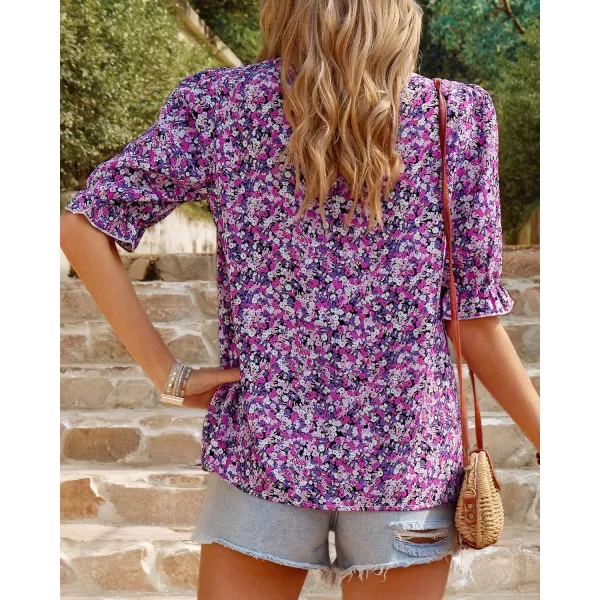 BTFBM Womens Summer Boho Shirt Top Ruffle Short Sleeve Frill Trim Mock Neck Floral Solid 2024 Casual Blouses Shirts TopsFloral Purple White