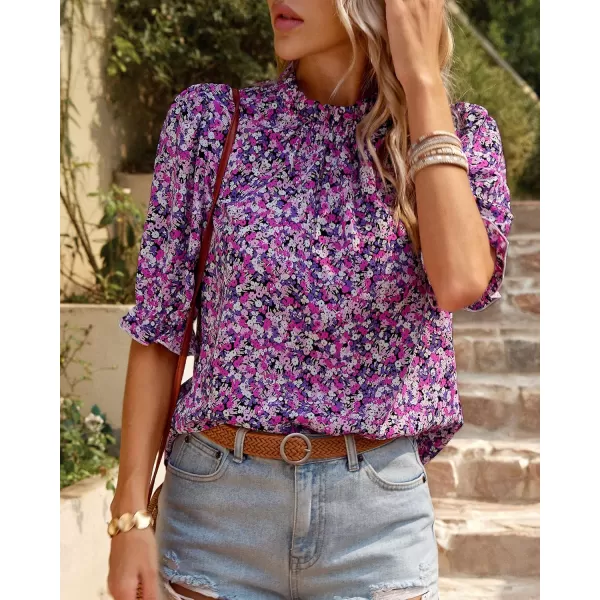 BTFBM Womens Summer Boho Shirt Top Ruffle Short Sleeve Frill Trim Mock Neck Floral Solid 2024 Casual Blouses Shirts TopsFloral Purple White