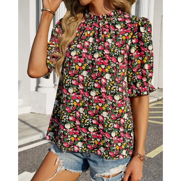 BTFBM Womens Summer Boho Shirt Top Ruffle Short Sleeve Frill Trim Mock Neck Floral Solid 2024 Casual Blouses Shirts TopsFloral Red Black
