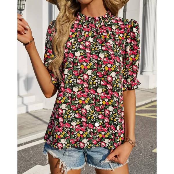 BTFBM Womens Summer Boho Shirt Top Ruffle Short Sleeve Frill Trim Mock Neck Floral Solid 2024 Casual Blouses Shirts TopsFloral Red Black