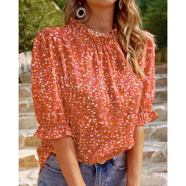 BTFBM Womens Summer Boho Shirt Top Ruffle Short Sleeve Frill Trim Mock Neck Floral Solid 2024 Casual Blouses Shirts TopsFloral Red Orange