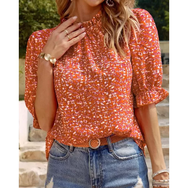 BTFBM Womens Summer Boho Shirt Top Ruffle Short Sleeve Frill Trim Mock Neck Floral Solid 2024 Casual Blouses Shirts TopsFloral Red Orange