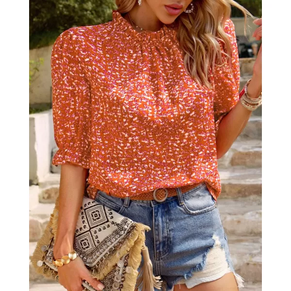 BTFBM Womens Summer Boho Shirt Top Ruffle Short Sleeve Frill Trim Mock Neck Floral Solid 2024 Casual Blouses Shirts TopsFloral Red Orange