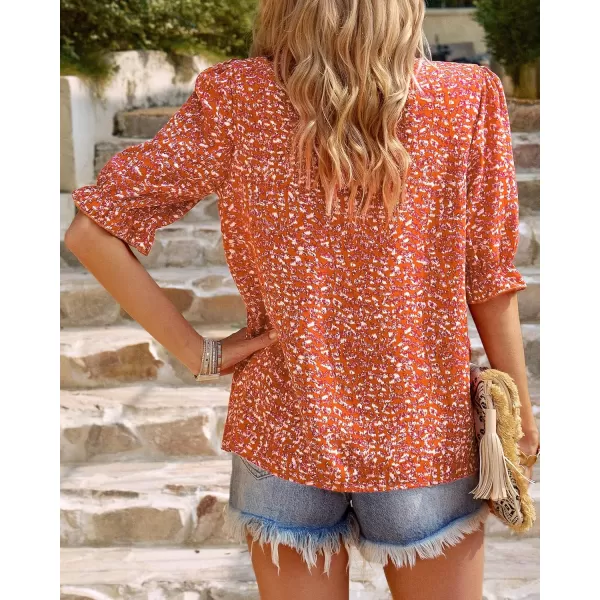 BTFBM Womens Summer Boho Shirt Top Ruffle Short Sleeve Frill Trim Mock Neck Floral Solid 2024 Casual Blouses Shirts TopsFloral Red Orange