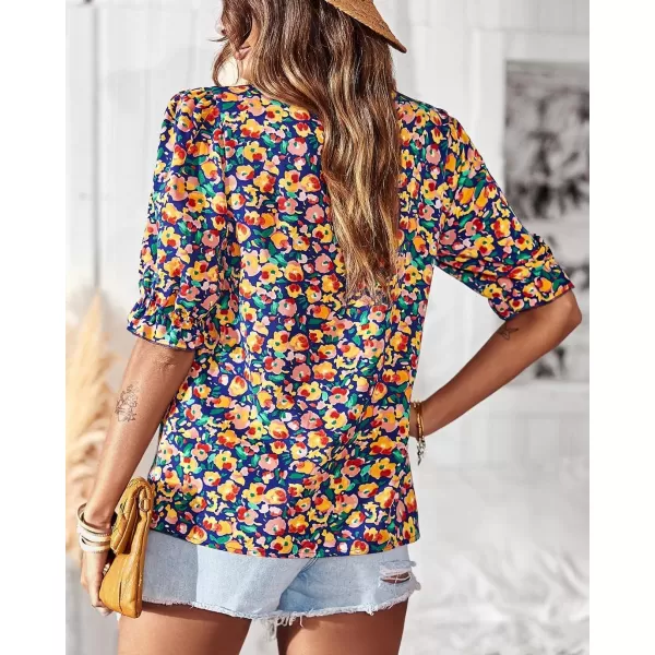 BTFBM Womens Summer Boho Shirt Top Ruffle Short Sleeve Frill Trim Mock Neck Floral Solid 2024 Casual Blouses Shirts TopsFloral Royal Blue
