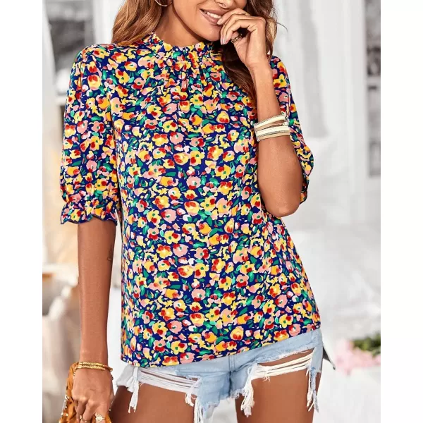 BTFBM Womens Summer Boho Shirt Top Ruffle Short Sleeve Frill Trim Mock Neck Floral Solid 2024 Casual Blouses Shirts TopsFloral Royal Blue