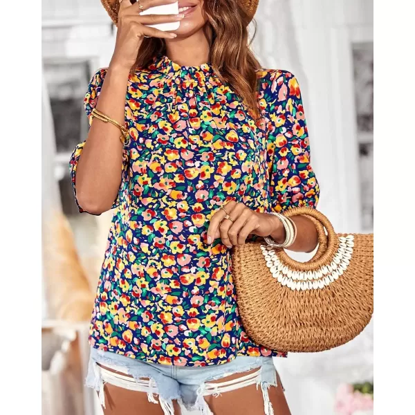 BTFBM Womens Summer Boho Shirt Top Ruffle Short Sleeve Frill Trim Mock Neck Floral Solid 2024 Casual Blouses Shirts TopsFloral Royal Blue