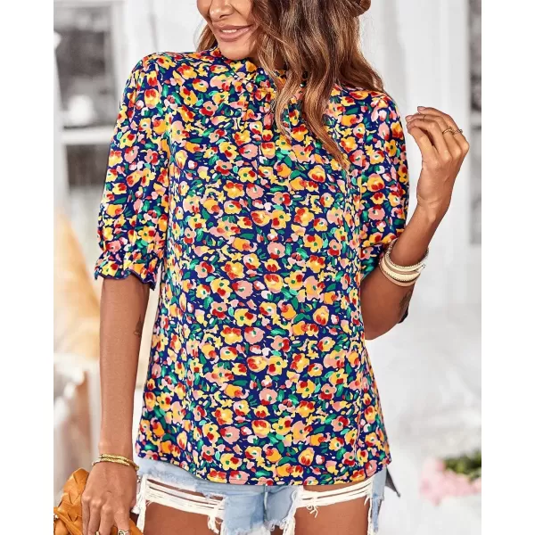BTFBM Womens Summer Boho Shirt Top Ruffle Short Sleeve Frill Trim Mock Neck Floral Solid 2024 Casual Blouses Shirts TopsFloral Royal Blue