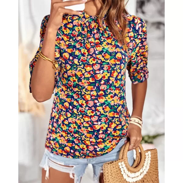 BTFBM Womens Summer Boho Shirt Top Ruffle Short Sleeve Frill Trim Mock Neck Floral Solid 2024 Casual Blouses Shirts TopsFloral Royal Blue