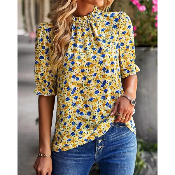 BTFBM Womens Summer Boho Shirt Top Ruffle Short Sleeve Frill Trim Mock Neck Floral Solid 2024 Casual Blouses Shirts TopsFloral Yellow