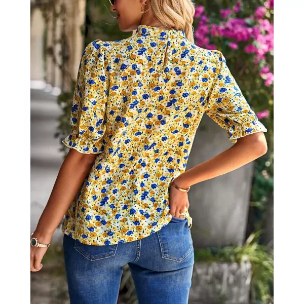 BTFBM Womens Summer Boho Shirt Top Ruffle Short Sleeve Frill Trim Mock Neck Floral Solid 2024 Casual Blouses Shirts TopsFloral Yellow