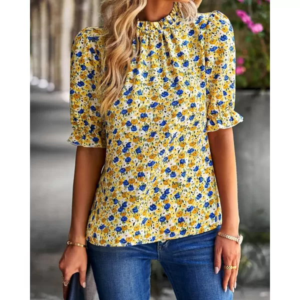 BTFBM Womens Summer Boho Shirt Top Ruffle Short Sleeve Frill Trim Mock Neck Floral Solid 2024 Casual Blouses Shirts TopsFloral Yellow