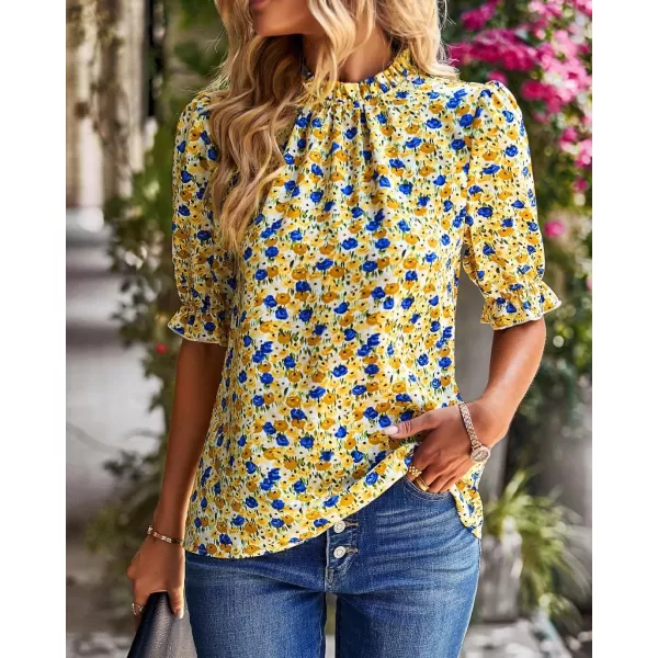 BTFBM Womens Summer Boho Shirt Top Ruffle Short Sleeve Frill Trim Mock Neck Floral Solid 2024 Casual Blouses Shirts TopsFloral Yellow