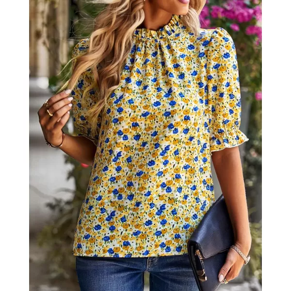 BTFBM Womens Summer Boho Shirt Top Ruffle Short Sleeve Frill Trim Mock Neck Floral Solid 2024 Casual Blouses Shirts TopsFloral Yellow