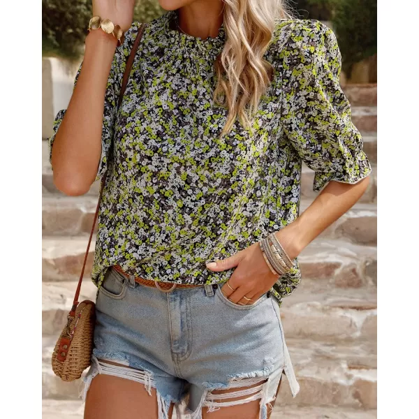BTFBM Womens Summer Boho Shirt Top Ruffle Short Sleeve Frill Trim Mock Neck Floral Solid 2024 Casual Blouses Shirts TopsFloral Yellow White