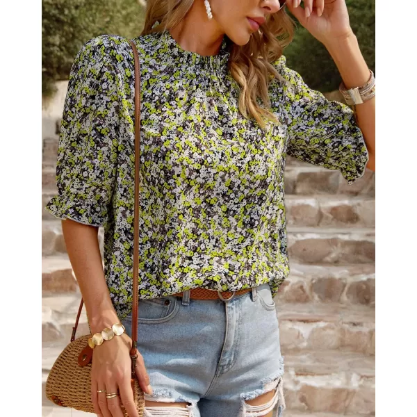 BTFBM Womens Summer Boho Shirt Top Ruffle Short Sleeve Frill Trim Mock Neck Floral Solid 2024 Casual Blouses Shirts TopsFloral Yellow White