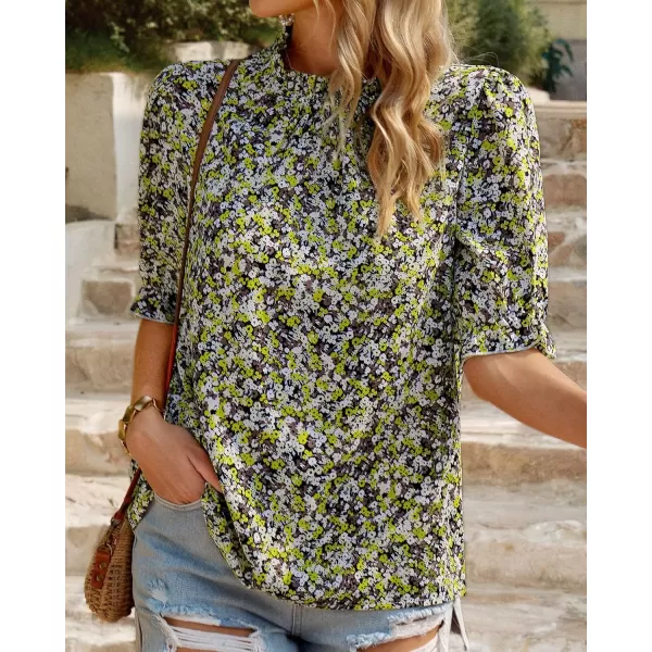 BTFBM Womens Summer Boho Shirt Top Ruffle Short Sleeve Frill Trim Mock Neck Floral Solid 2024 Casual Blouses Shirts TopsFloral Yellow White