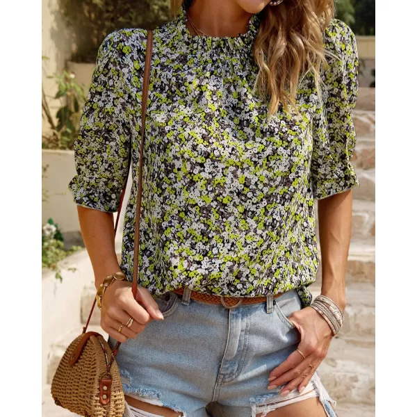 BTFBM Womens Summer Boho Shirt Top Ruffle Short Sleeve Frill Trim Mock Neck Floral Solid 2024 Casual Blouses Shirts TopsFloral Yellow White