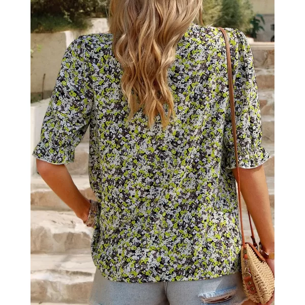 BTFBM Womens Summer Boho Shirt Top Ruffle Short Sleeve Frill Trim Mock Neck Floral Solid 2024 Casual Blouses Shirts TopsFloral Yellow White