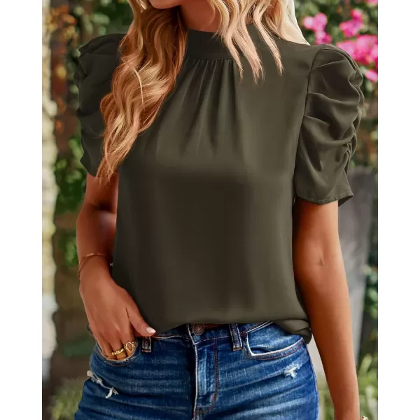 BTFBM Womens Summer Boho Shirt Top Ruffle Short Sleeve Frill Trim Mock Neck Floral Solid 2024 Casual Blouses Shirts TopsSolid Army Green