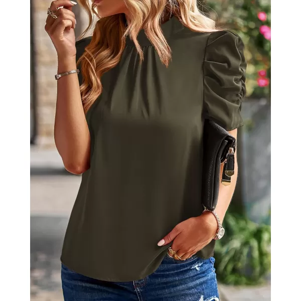 BTFBM Womens Summer Boho Shirt Top Ruffle Short Sleeve Frill Trim Mock Neck Floral Solid 2024 Casual Blouses Shirts TopsSolid Army Green