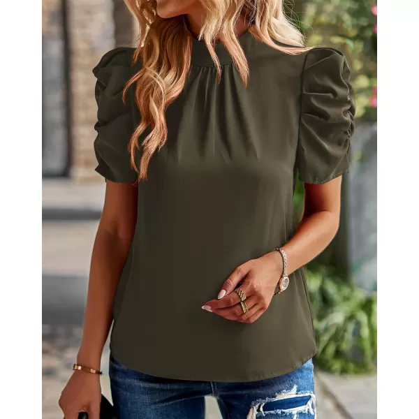 BTFBM Womens Summer Boho Shirt Top Ruffle Short Sleeve Frill Trim Mock Neck Floral Solid 2024 Casual Blouses Shirts TopsSolid Army Green
