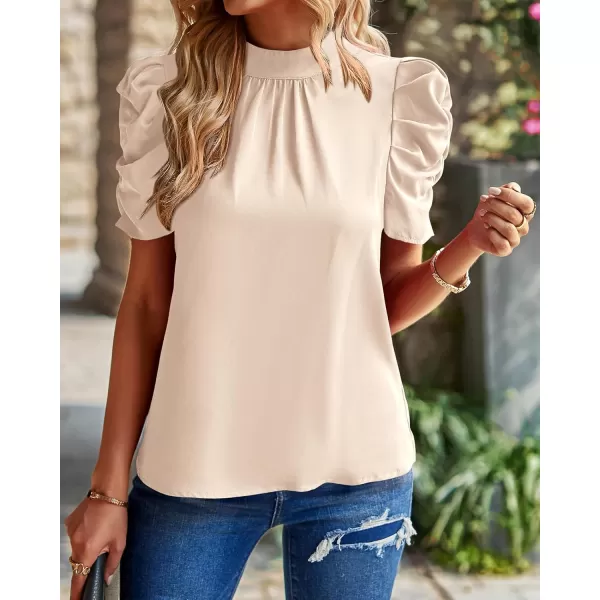 BTFBM Womens Summer Boho Shirt Top Ruffle Short Sleeve Frill Trim Mock Neck Floral Solid 2024 Casual Blouses Shirts TopsSolid Beige