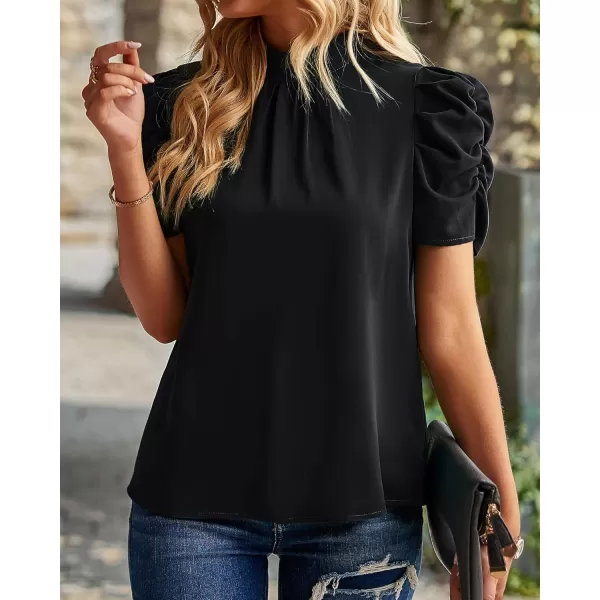 BTFBM Womens Summer Boho Shirt Top Ruffle Short Sleeve Frill Trim Mock Neck Floral Solid 2024 Casual Blouses Shirts TopsSolid Black