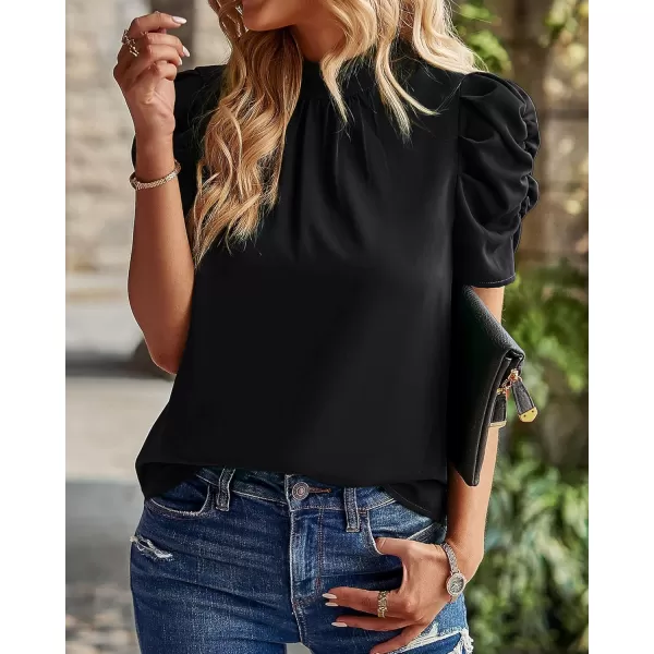 BTFBM Womens Summer Boho Shirt Top Ruffle Short Sleeve Frill Trim Mock Neck Floral Solid 2024 Casual Blouses Shirts TopsSolid Black