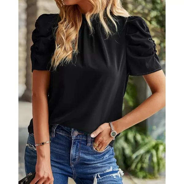 BTFBM Womens Summer Boho Shirt Top Ruffle Short Sleeve Frill Trim Mock Neck Floral Solid 2024 Casual Blouses Shirts TopsSolid Black