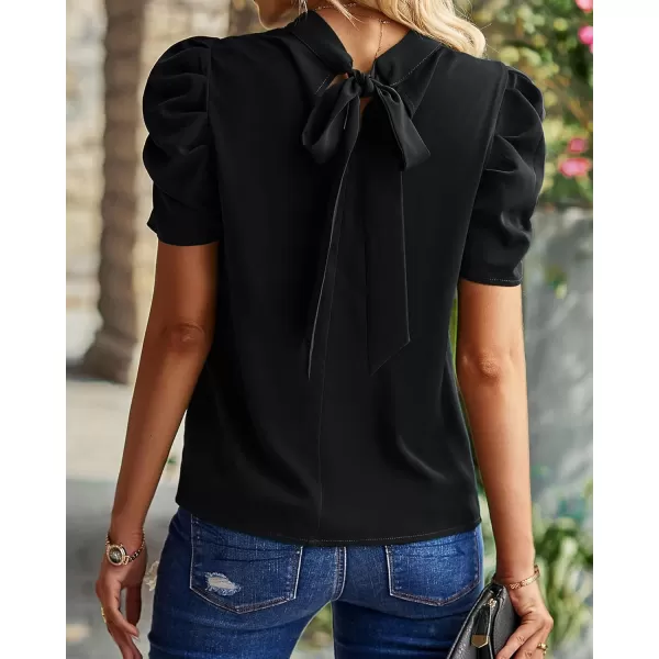 BTFBM Womens Summer Boho Shirt Top Ruffle Short Sleeve Frill Trim Mock Neck Floral Solid 2024 Casual Blouses Shirts TopsSolid Black