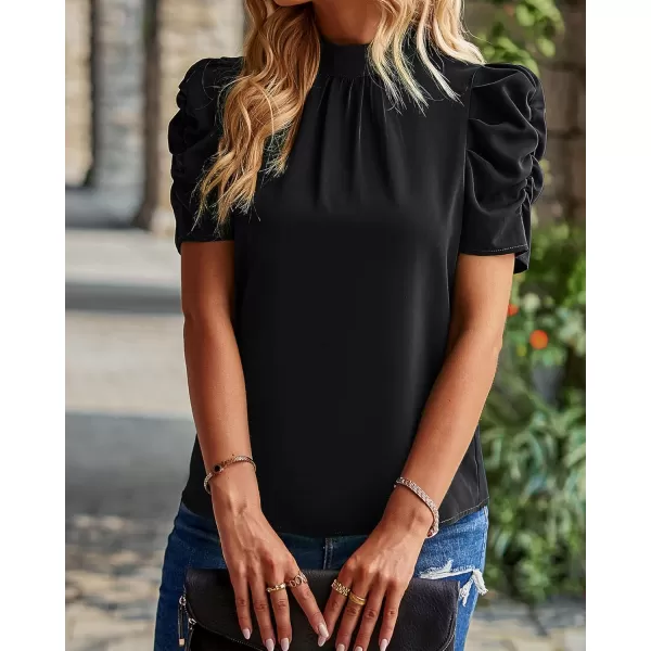 BTFBM Womens Summer Boho Shirt Top Ruffle Short Sleeve Frill Trim Mock Neck Floral Solid 2024 Casual Blouses Shirts TopsSolid Black